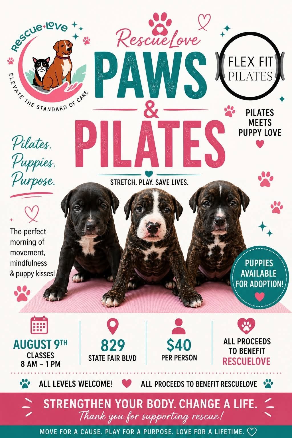 Paws & Pilates, August 9th, benefiting RescueLove