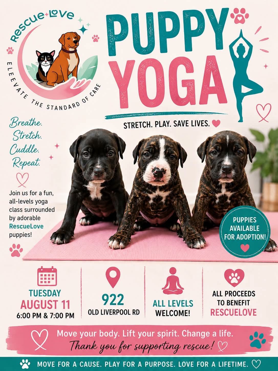 Puppy Yoga, August 11th, benefiting RescueLove